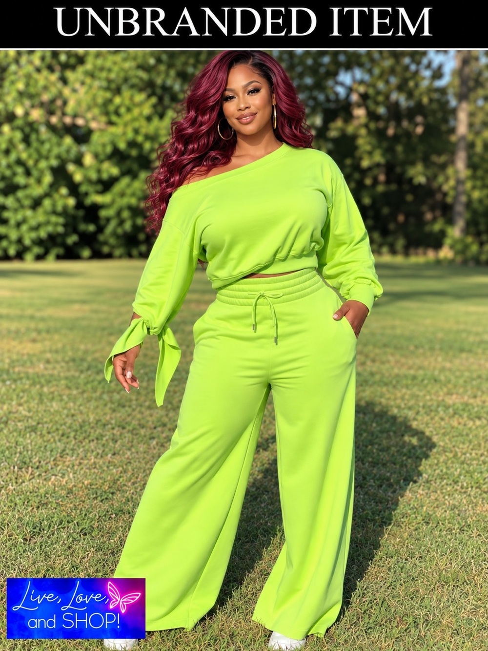SWEATSUIT: Lime Green Slanted Shoulder Long Sleeve Top w/Drawstring Pants, NWOT